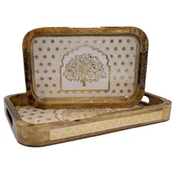 Premium 2 PC Wooden Serving Tray Set with Handles, Handmade Rectangular Serving Tray with Traditional Art