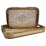Premium 2 PC Wooden Serving Tray Set with Handles, Handmade Rectangular Serving Tray with Traditional Art - Image 1