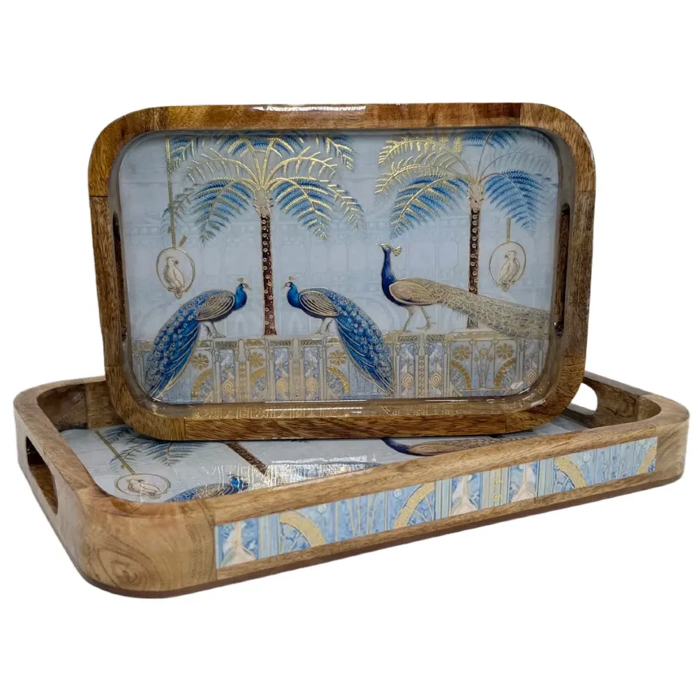 Premium 2 PC Wooden Serving Tray Set with Handles, Handmade Rectangular Serving Tray with Traditional Art