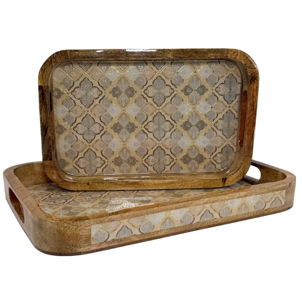 Premium 2 PC Wooden Serving Tray Set with Handles, Handmade Rectangular Serving Tray with Traditional Art