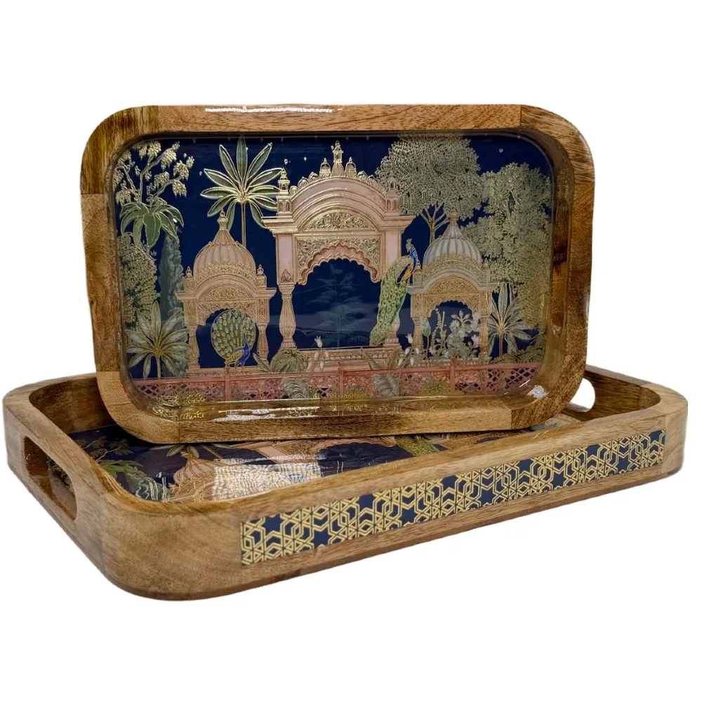 Premium 2 PC Wooden Serving Tray Set with Handles, Handmade Rectangular Serving Tray with Traditional Art