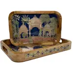 Premium 2 PC Wooden Serving Tray Set with Handles, Handmade Rectangular Serving Tray with Traditional Art - Image 5