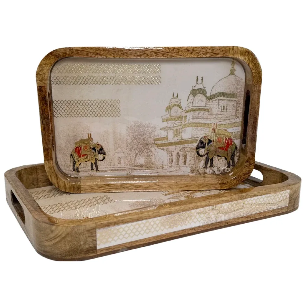 Premium 2 PC Wooden Serving Tray Set with Handles, Handmade Rectangular Serving Tray with Traditional Art