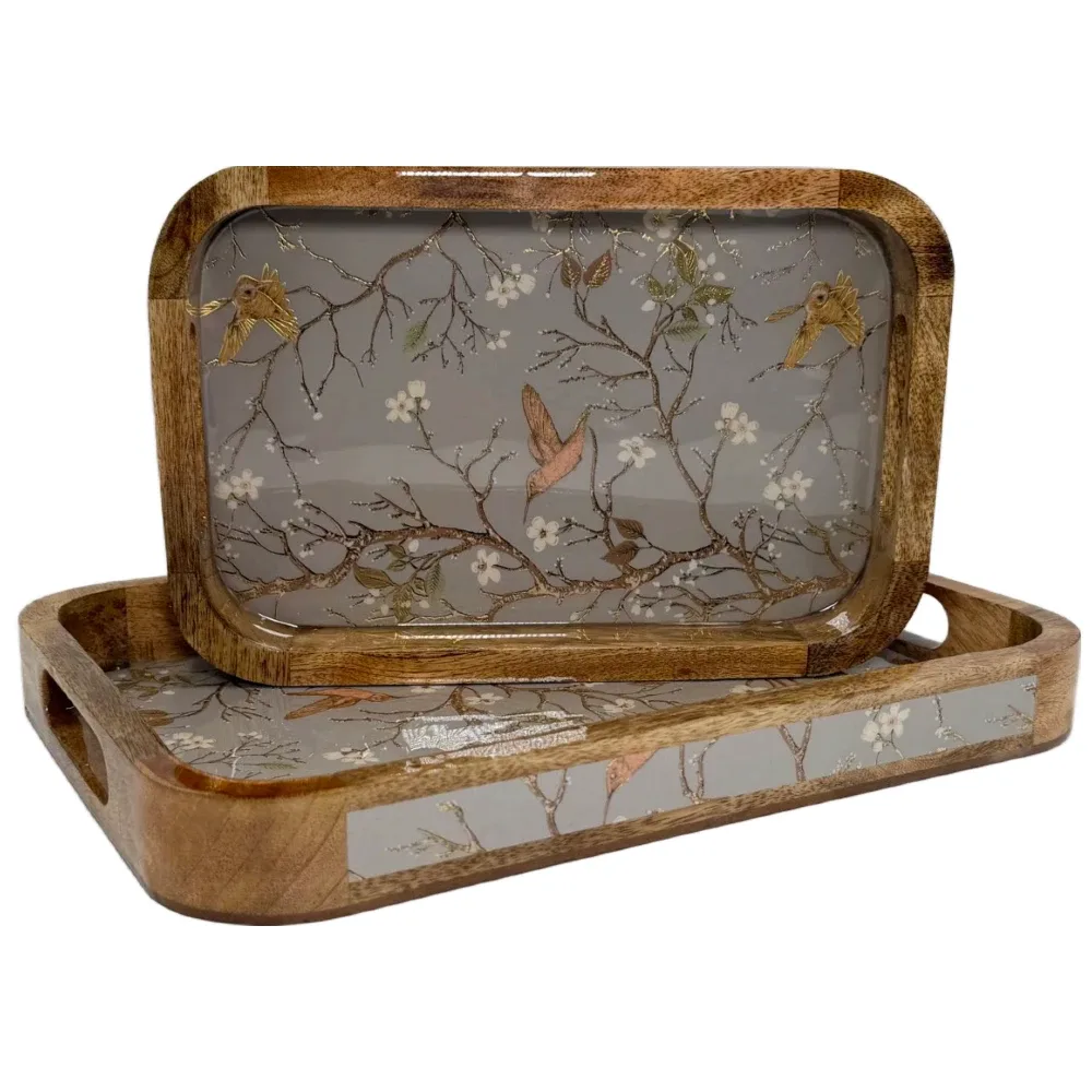 Premium 2 PC Wooden Serving Tray Set with Handles, Handmade Rectangular Serving Tray with Traditional Art