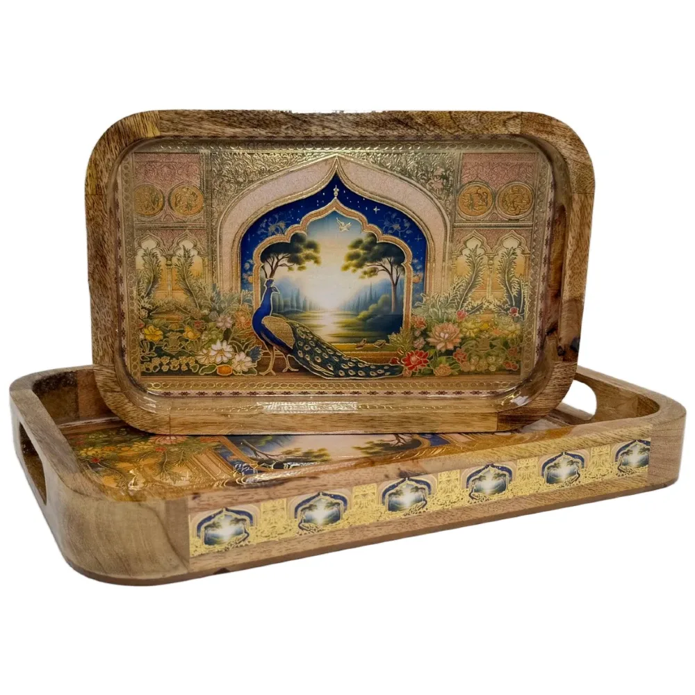 Premium 2 PC Wooden Serving Tray Set with Handles, Handmade Rectangular Serving Tray with Traditional Art