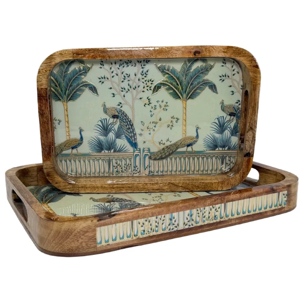 Premium 2 PC Wooden Serving Tray Set with Handles, Handmade Rectangular Serving Tray with Traditional Art