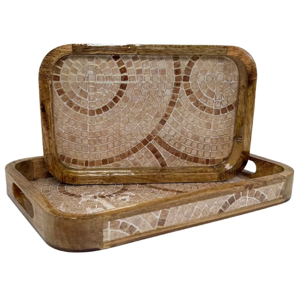Premium 2 PC Wooden Serving Tray Set with Handles, Handmade Rectangular Serving Tray with Traditional Art