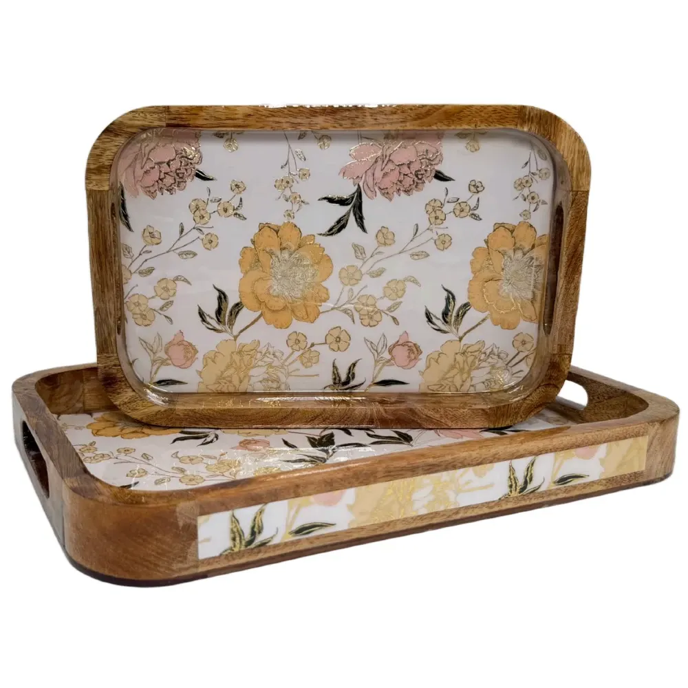 Premium 2 PC Wooden Serving Tray Set with Handles, Handmade Rectangular Serving Tray with Traditional Art