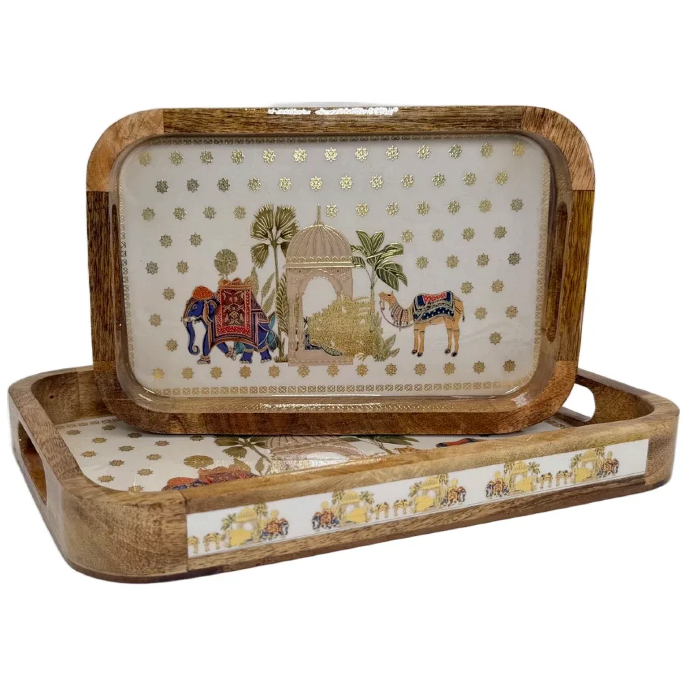 Premium 2 PC Wooden Serving Tray Set with Handles, Handmade Rectangular Serving Tray with Traditional Art