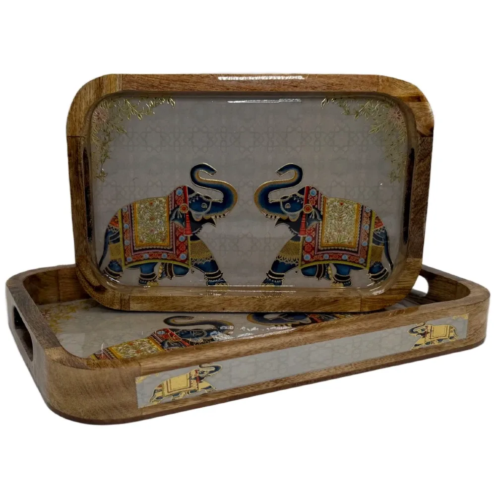 Premium 2 PC Wooden Serving Tray Set with Handles, Handmade Rectangular Serving Tray with Traditional Art