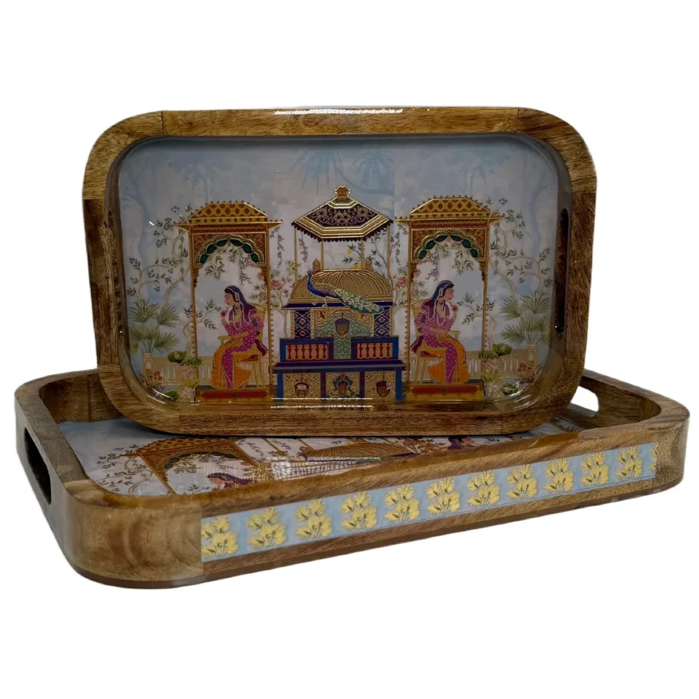 Premium 2 PC Wooden Serving Tray Set with Handles, Handmade Rectangular Serving Tray with Traditional Art
