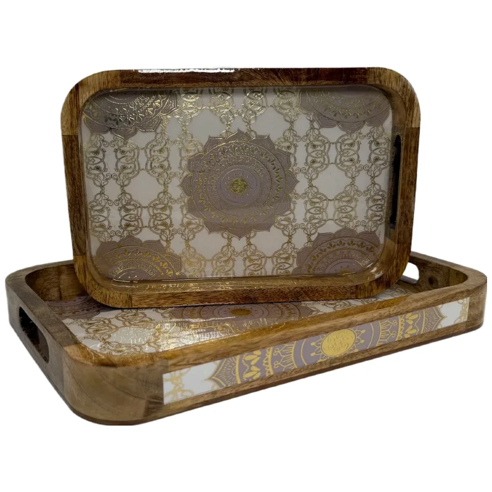 Premium 2 PC Wooden Serving Tray Set with Handles, Handmade Rectangular Serving Tray with Traditional Art