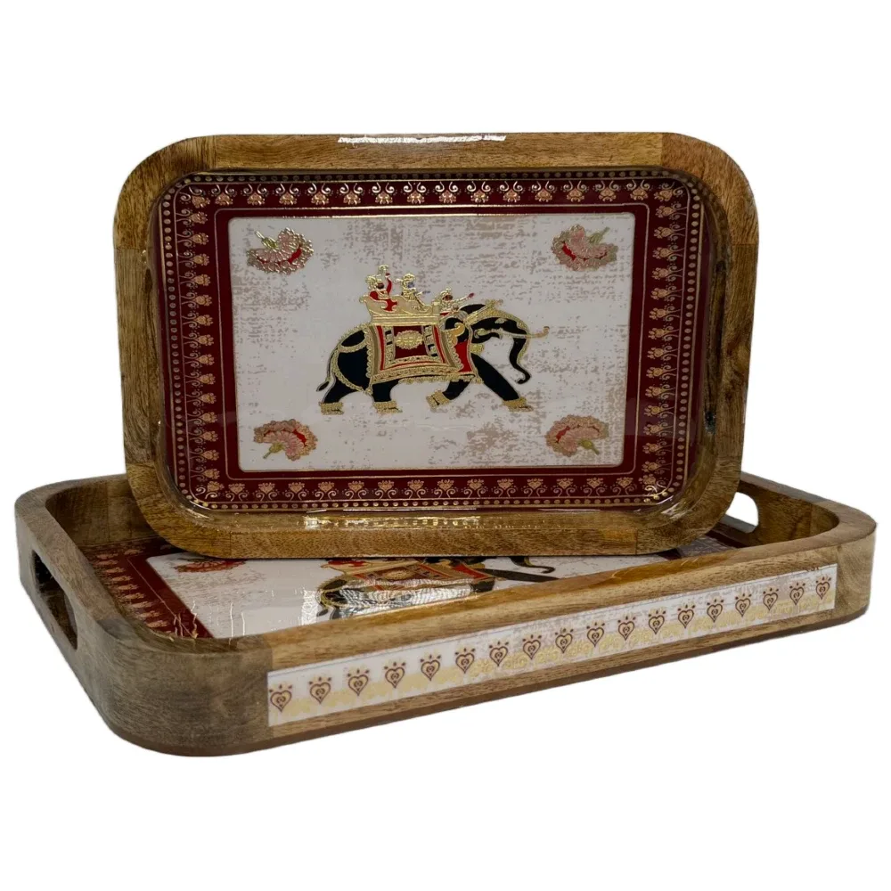 Premium 2 PC Wooden Serving Tray Set with Handles, Handmade Rectangular Serving Tray with Traditional Art