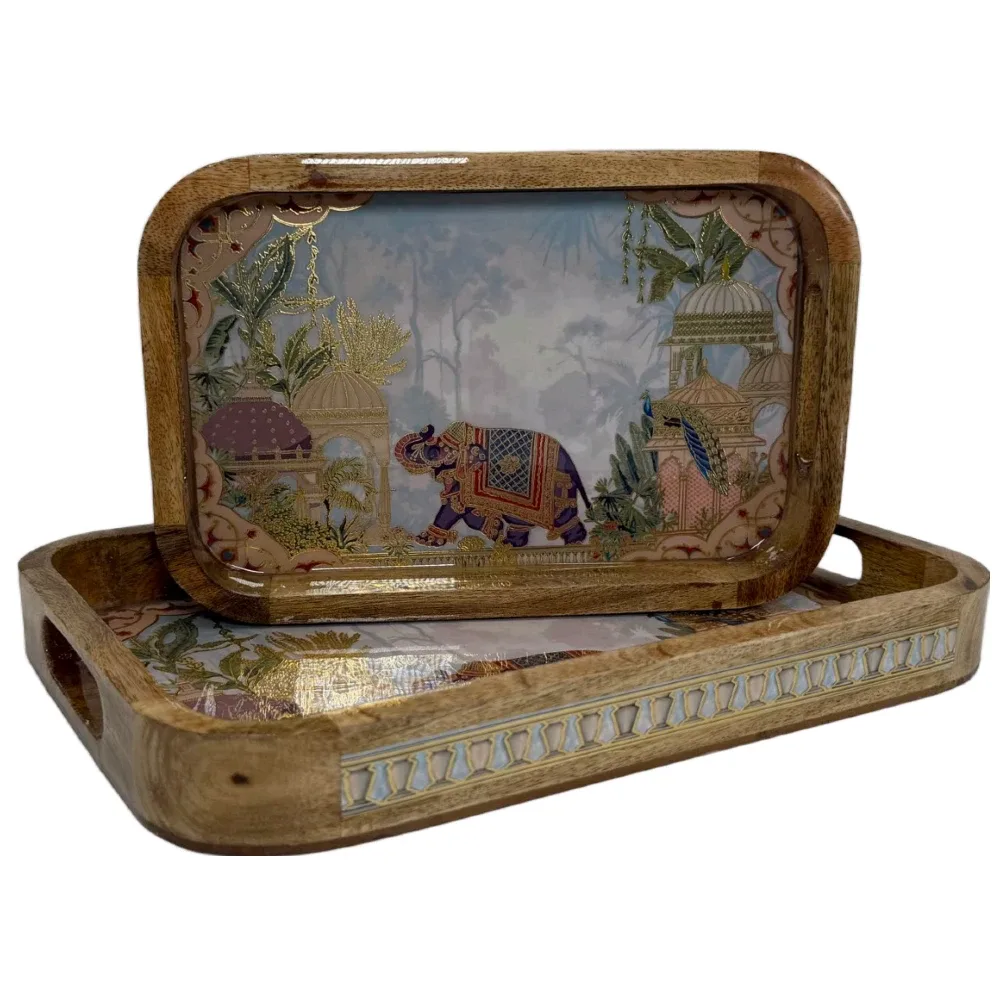 Premium 2 PC Wooden Serving Tray Set with Handles, Handmade Rectangular Serving Tray with Traditional Art