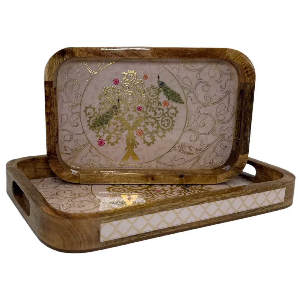 Premium 2 PC Wooden Serving Tray Set with Handles, Handmade Rectangular Serving Tray with Traditional Art