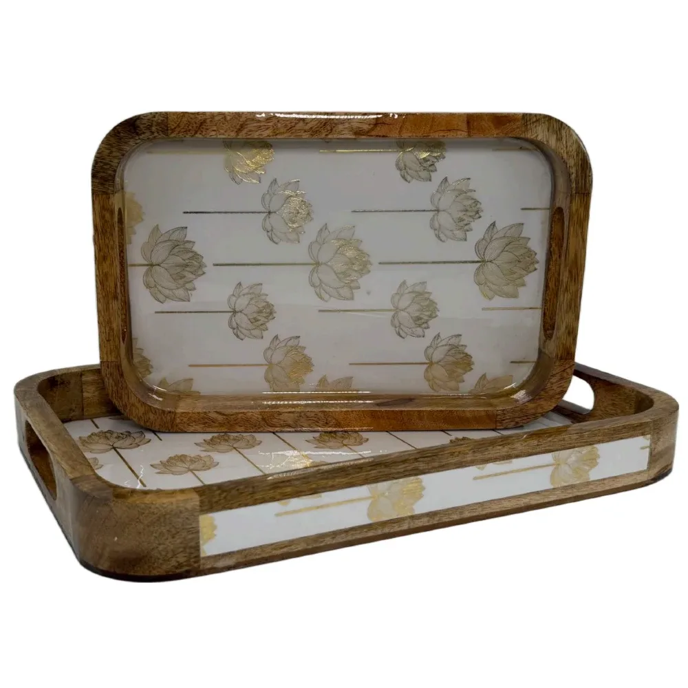 Premium 2 PC Wooden Serving Tray Set with Handles, Handmade Rectangular Serving Tray with Traditional Art