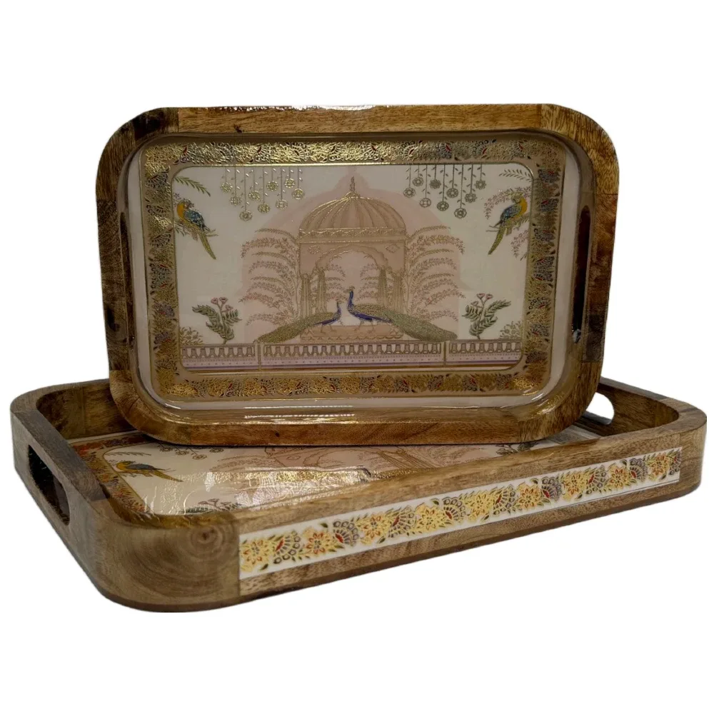 Premium 2 PC Wooden Serving Tray Set with Handles, Handmade Rectangular Serving Tray with Traditional Art