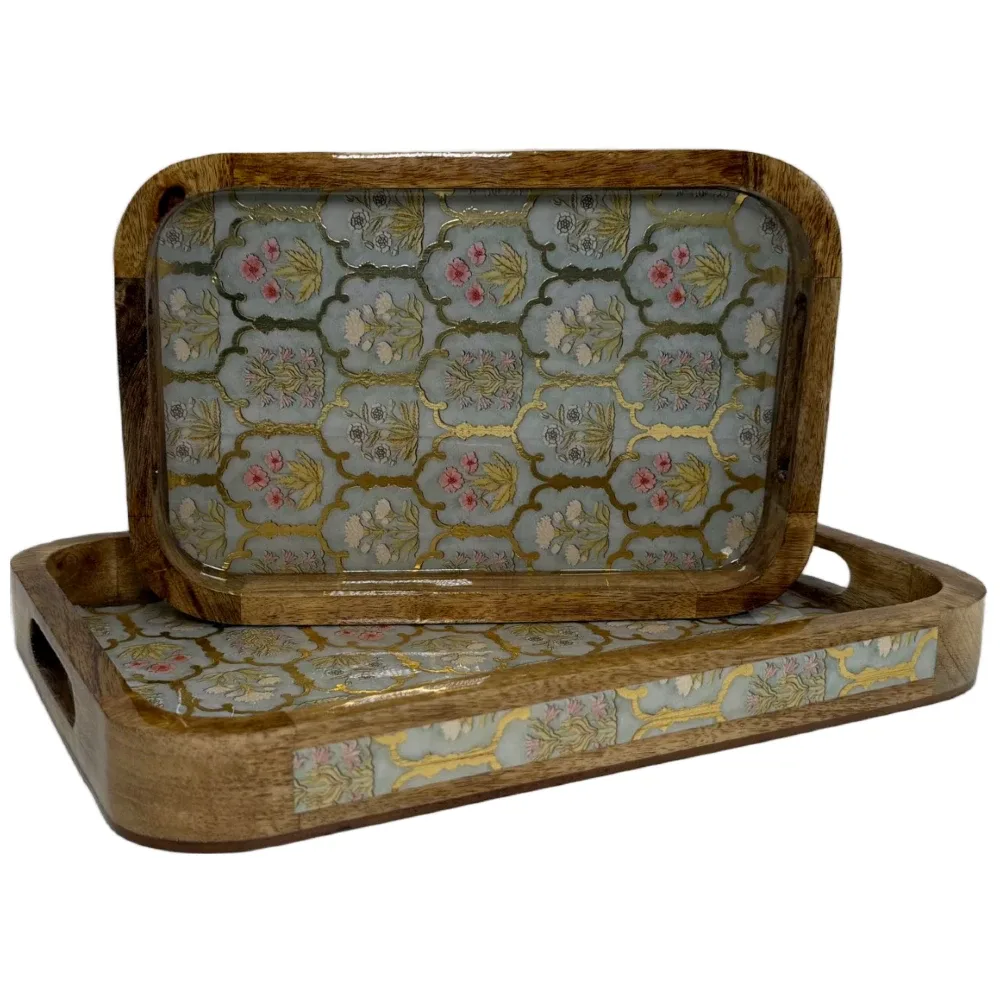 Premium 2 PC Wooden Serving Tray Set with Handles, Handmade Rectangular Serving Tray with Traditional Art