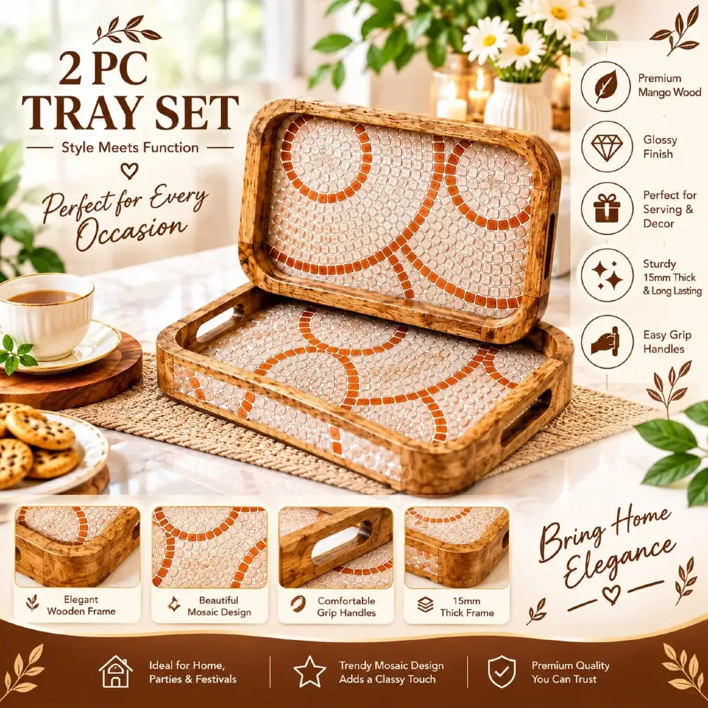 Premium 2 PC Wooden Serving Tray Set with Handles, Handmade Rectangular Serving Tray with Traditional Art