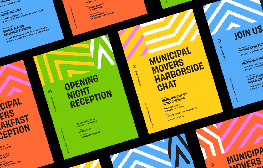 Colorful event posters with zigzag patterns and bold text details various municipal events, including receptions and chats.
