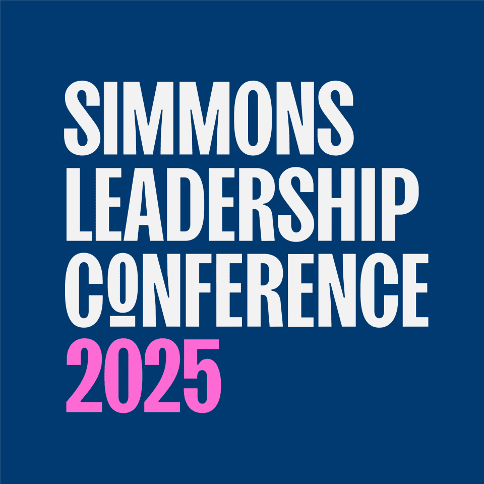 White text on a blue background reads "Simmons Leadership Conference" with "2025" in large pink numbers at the bottom.