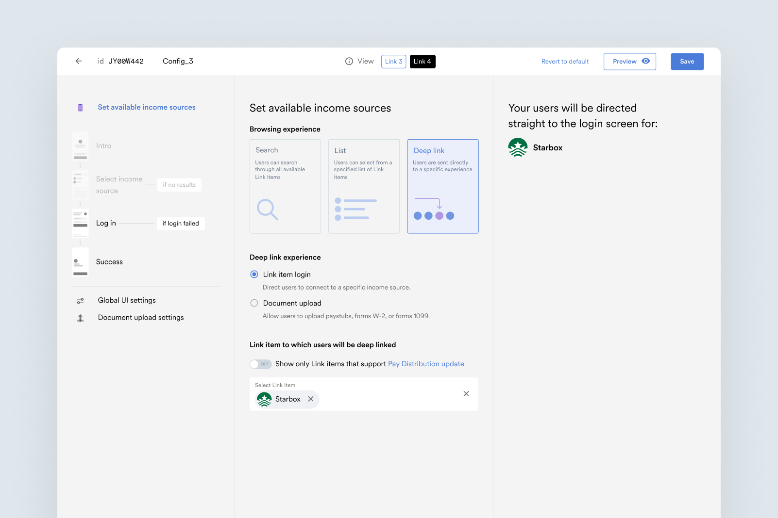 The deep link configuration settings screen in Argyle Console.