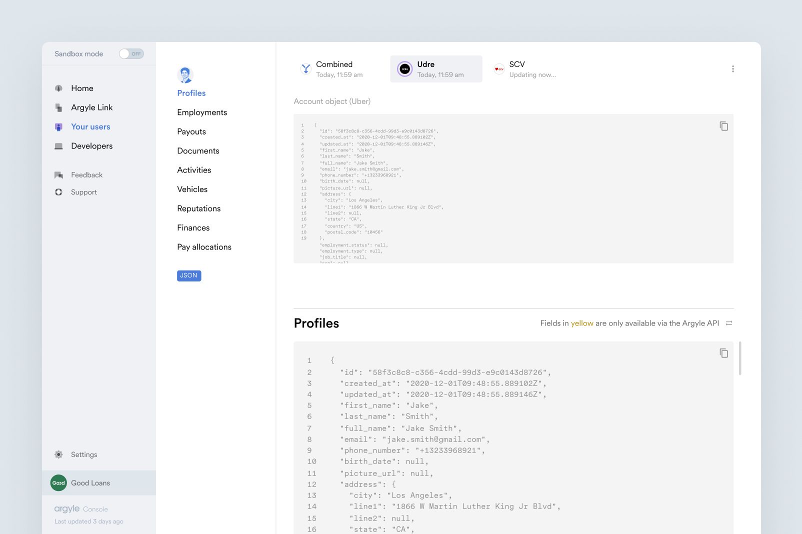 You can view data in the same way you would receive it via Argyle's API by using the JSON toggle in Argyle Console.