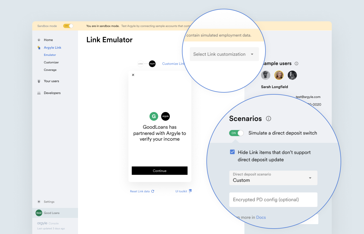 Add a customization from the dropdown in Link Emulator that appears when deposit switching is selected.