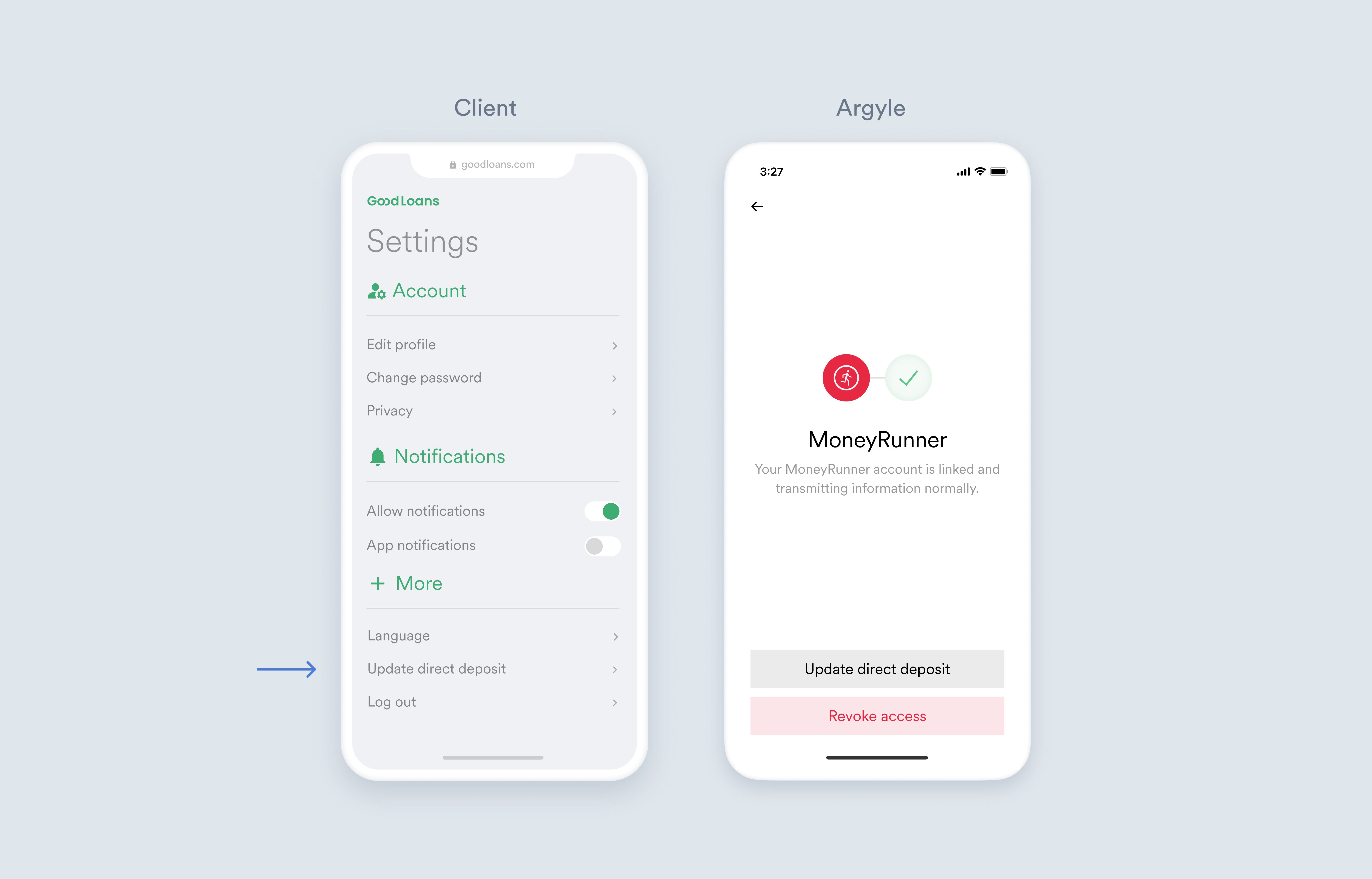 Users can manage their payroll account permissions or direct deposit settings through Argyle Link.