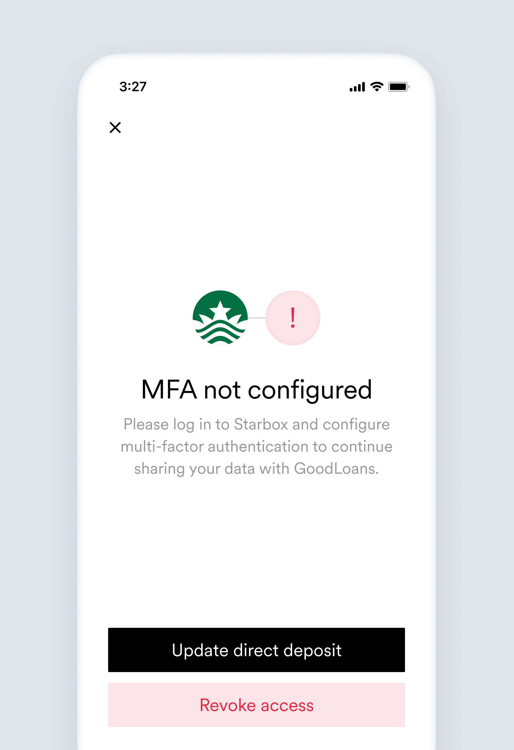 The mfa_not_configured direct deposit switching error screen.