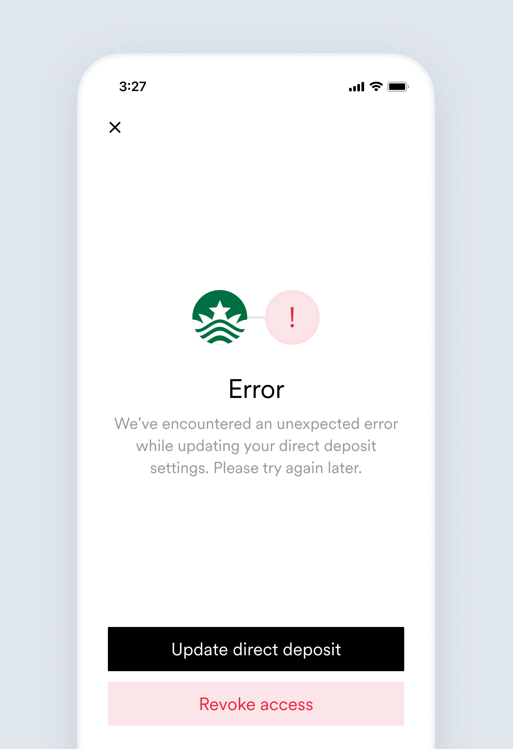 The bank_and_card_update_failed direct deposit switching error screen.