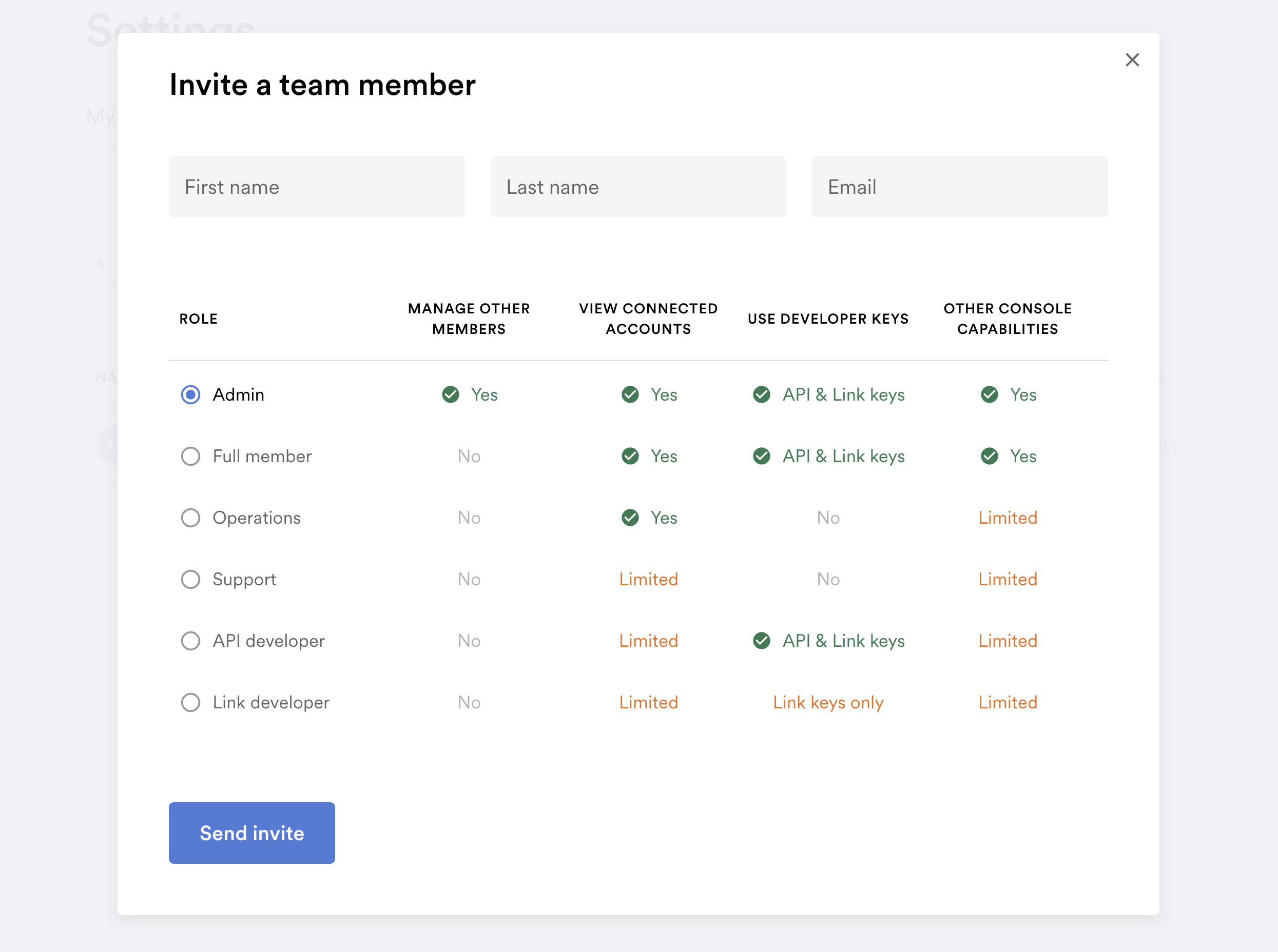 The member roles and permissions pop-up screen in Argyle Console.