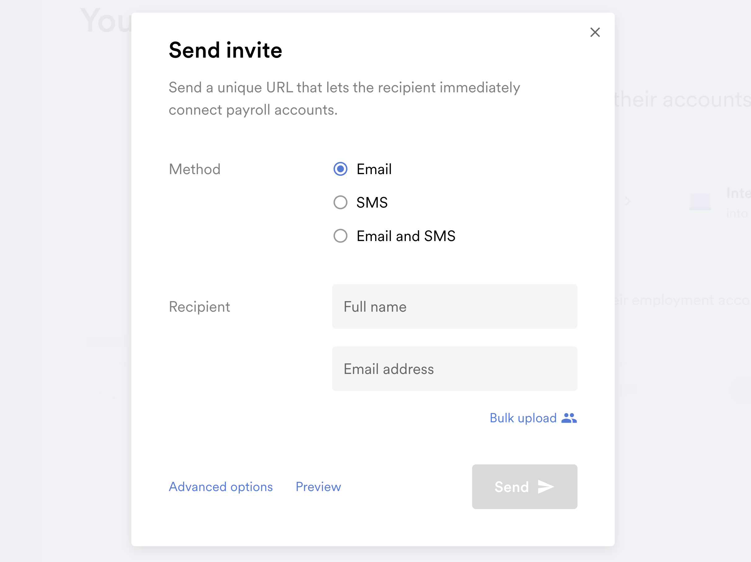 The send invite settings pop-up menu in Argyle Console.