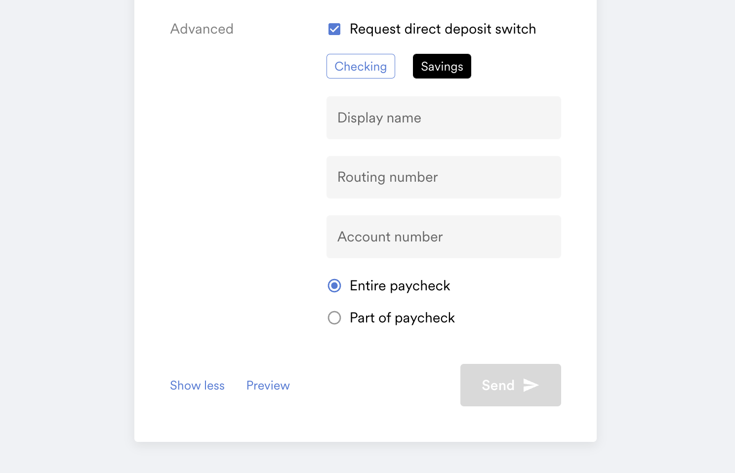 The direct deposit settings area of the invite settings pop-up menu in Argyle Console.