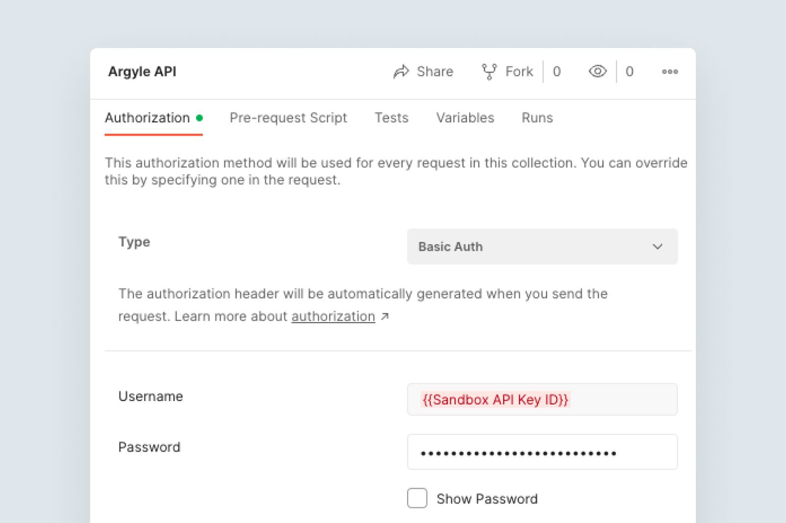 Add your API keys on Postman's Authorization tab.