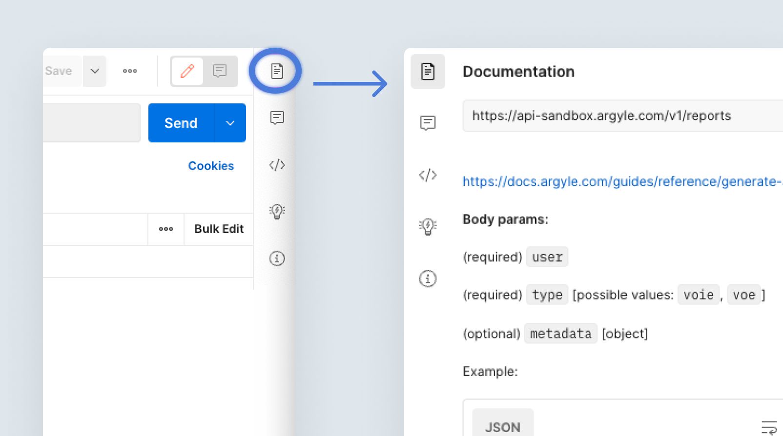 Image showing how to open Documentation within Postman for the Argyle API collection.