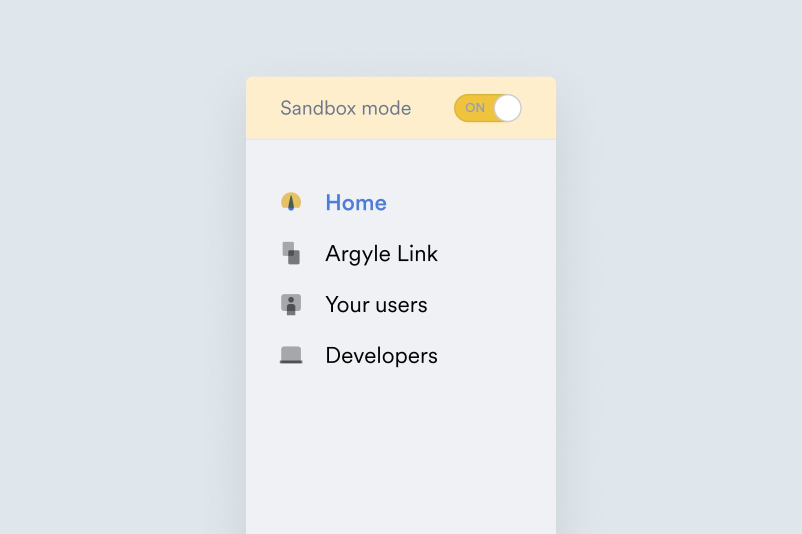 Image showing the Sandbox mode toggle in Argyle Console.