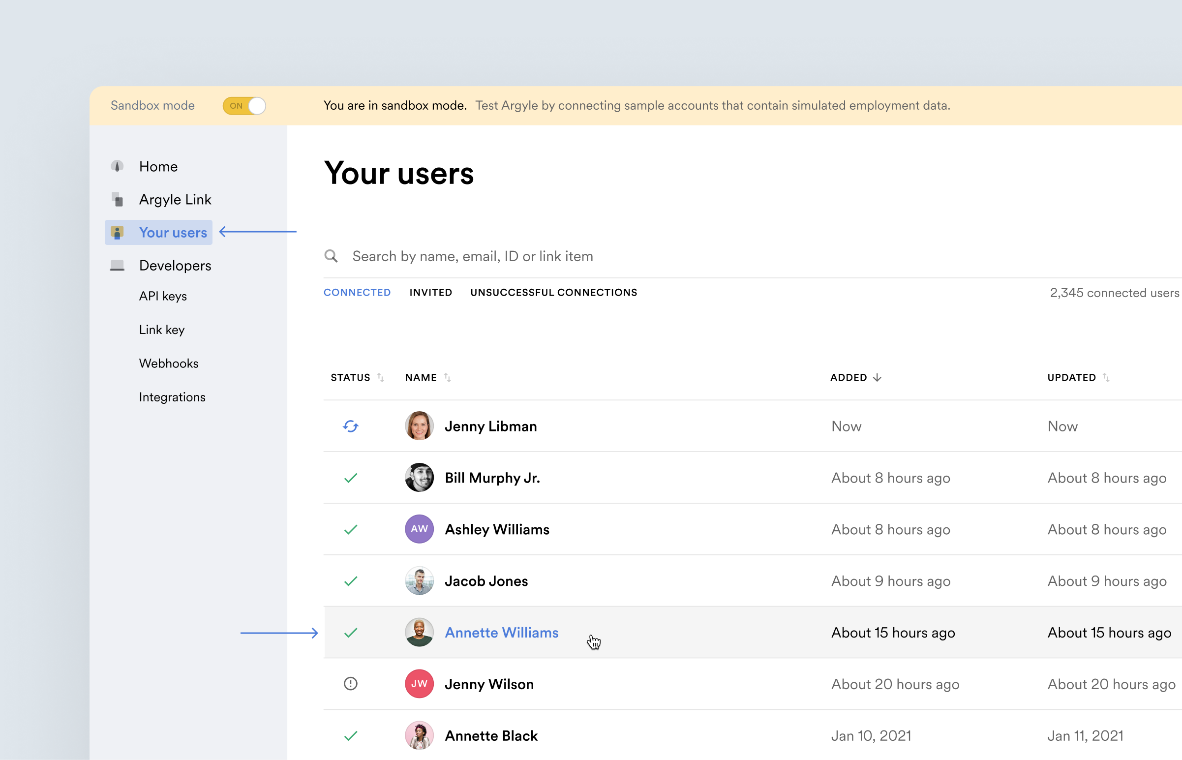 View the sample Sandbox user test data in the Your users page of Argyle Console after selecting an individual user.