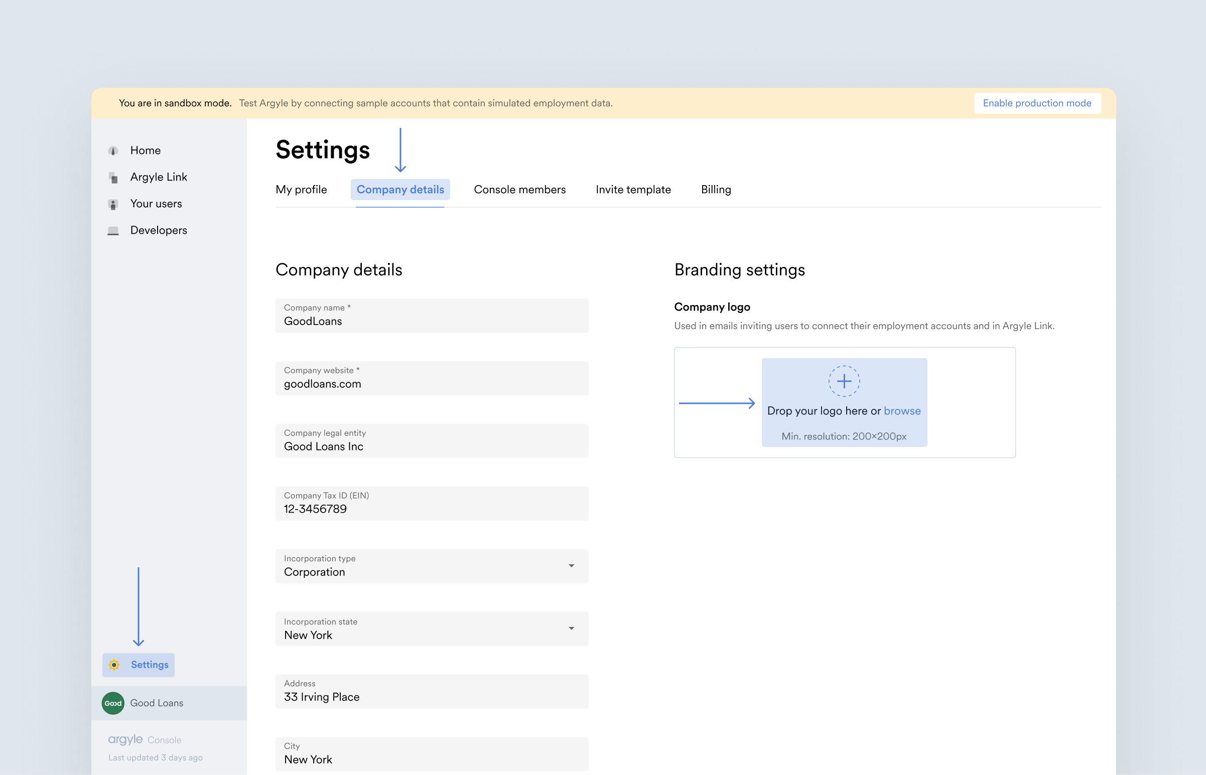 Select the company details tab in the Settings area of Argyle Console.