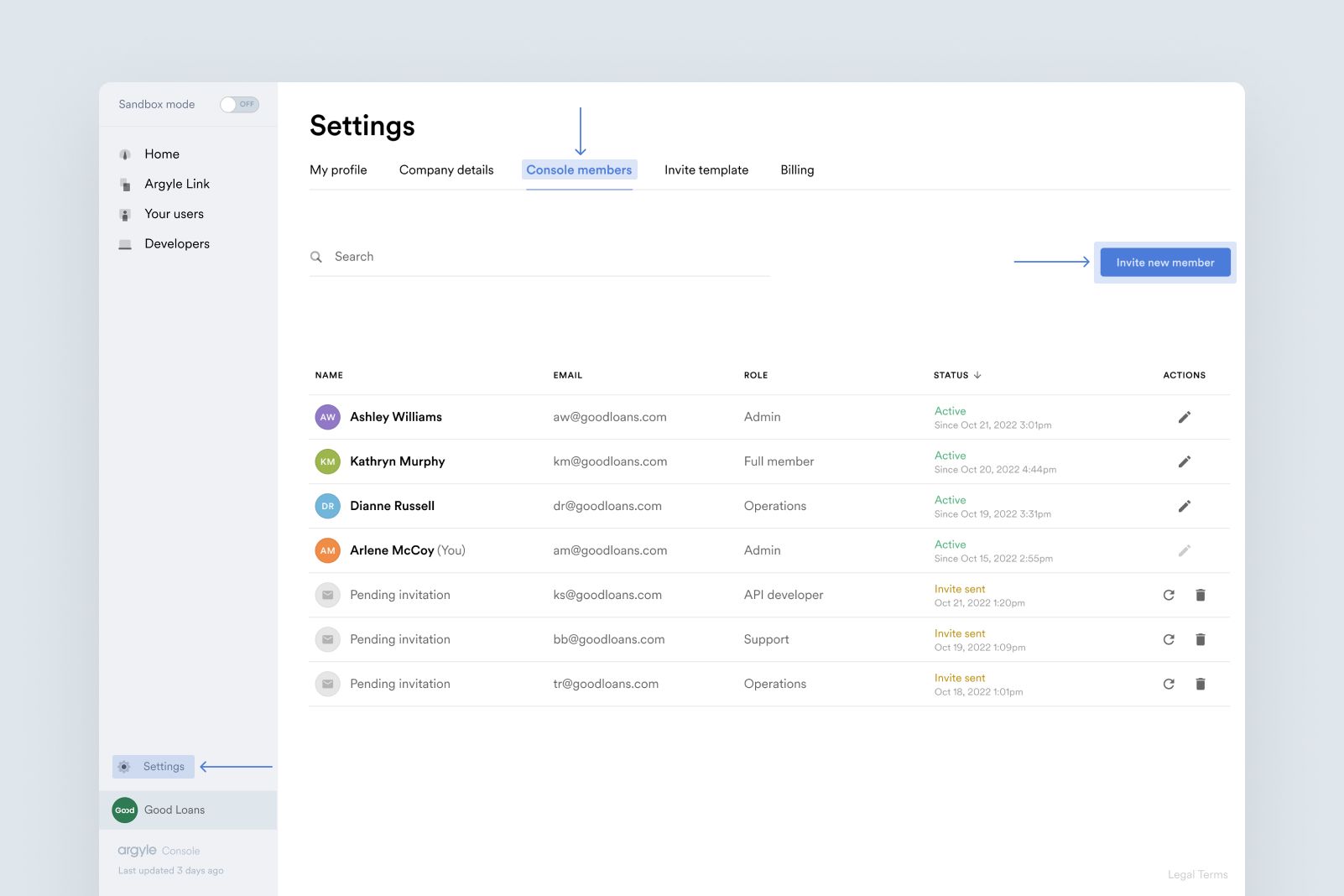 Select the Console members tab of the Settings page in Argyle Console.