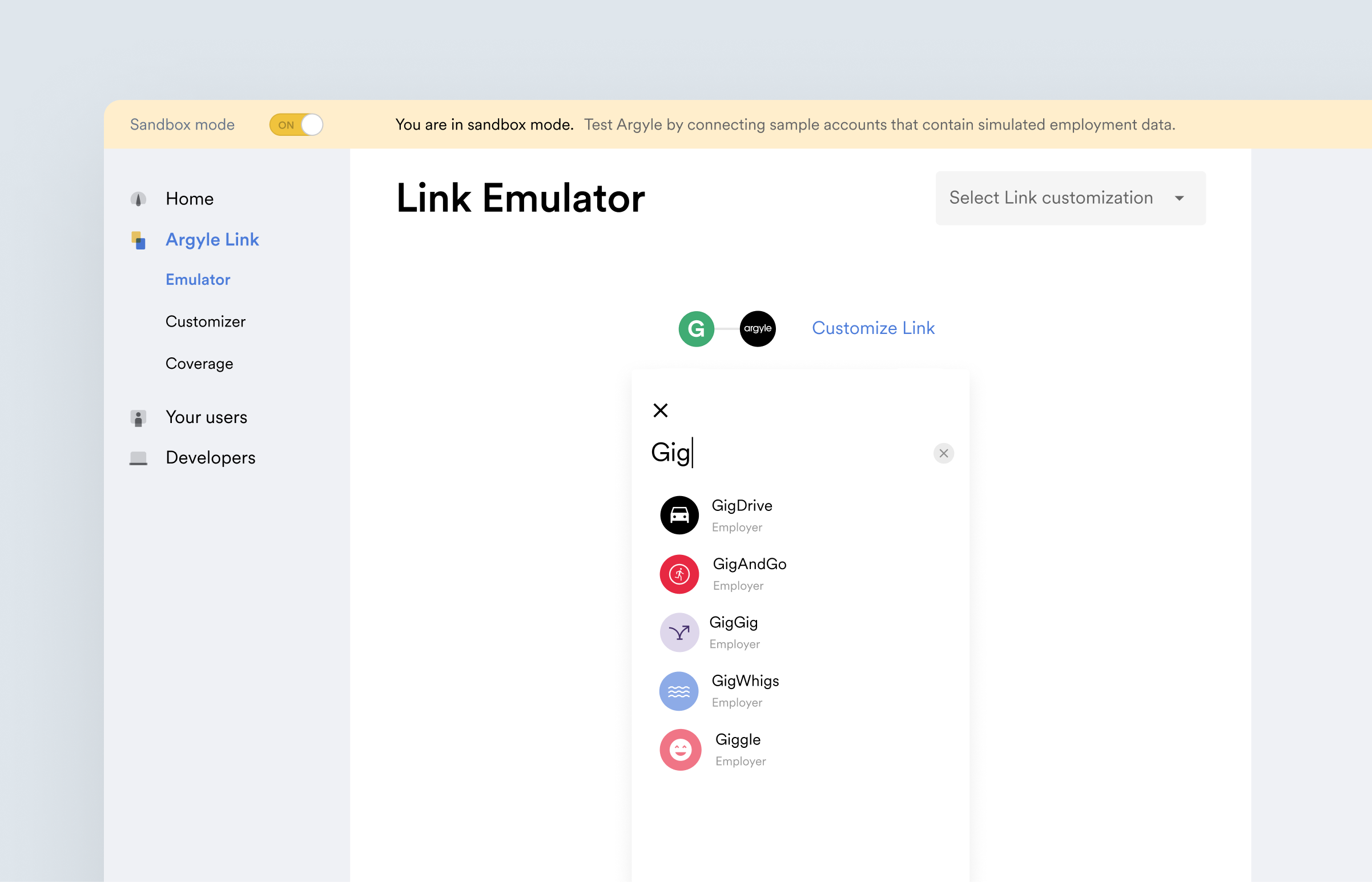 Previewing the Argyle Link search experience using Emulator.