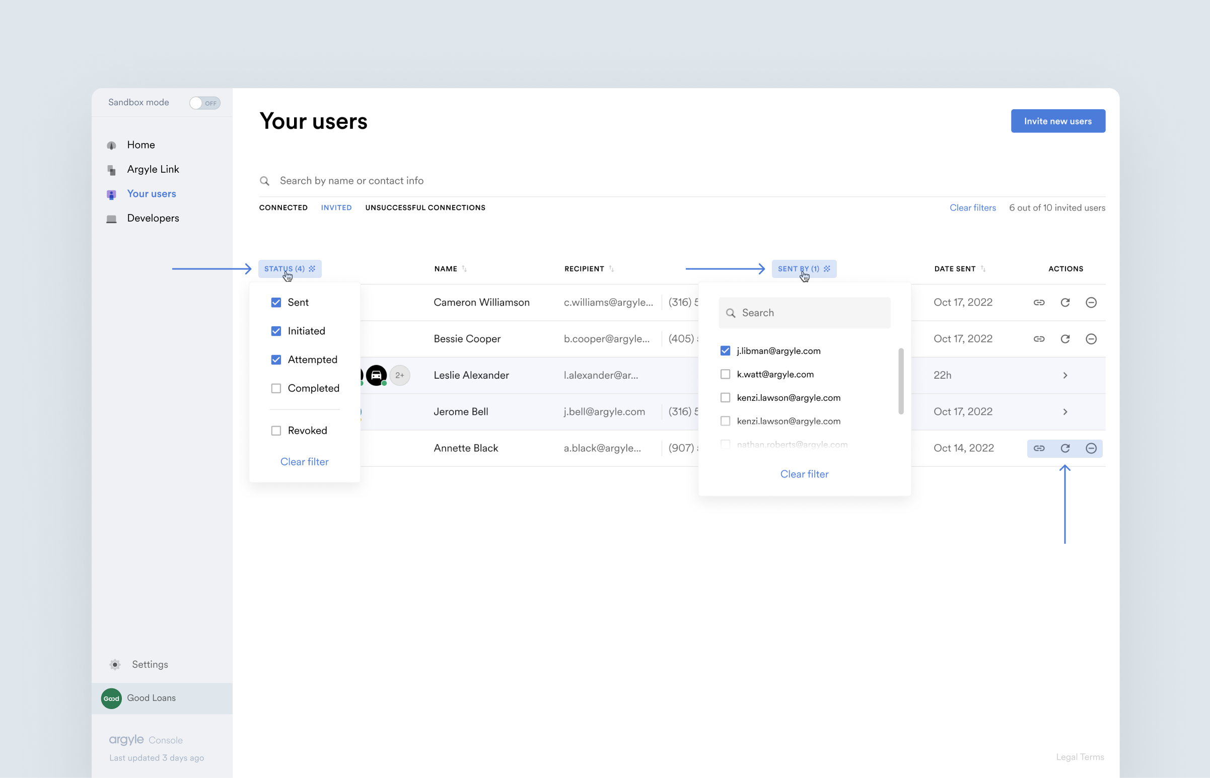 Filter in the Your users section of Argyle Console.