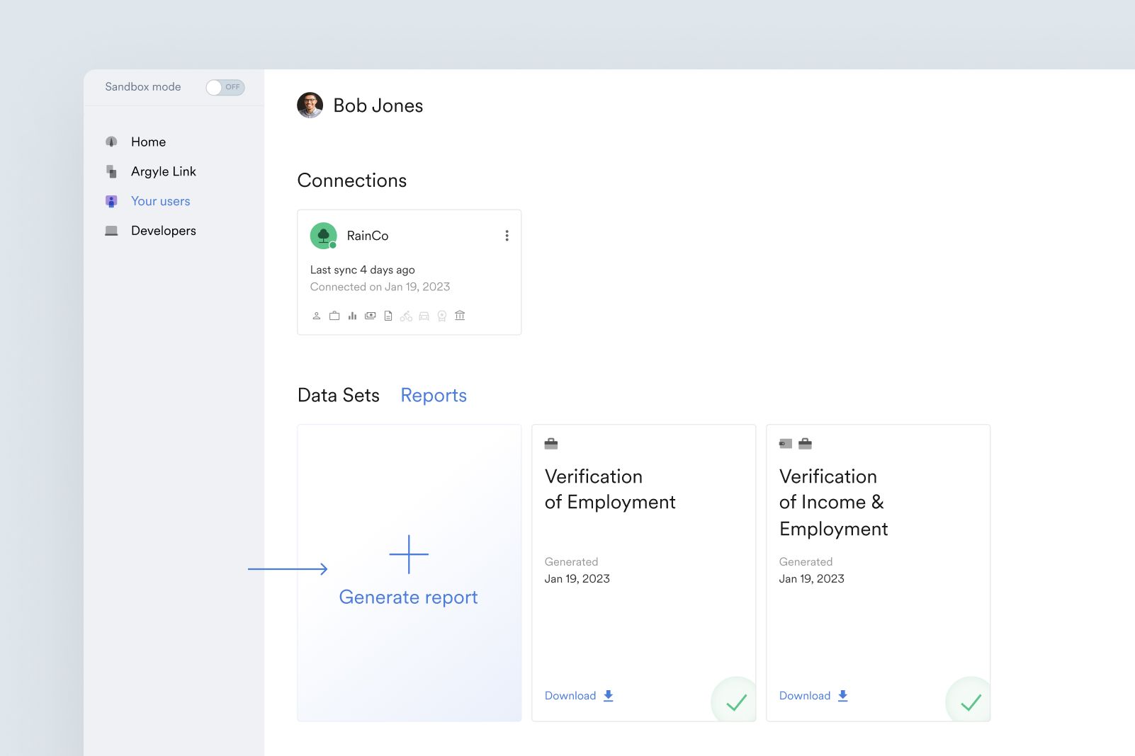 You can generate reports from the Connections section of the Your users area in Argyle Console.