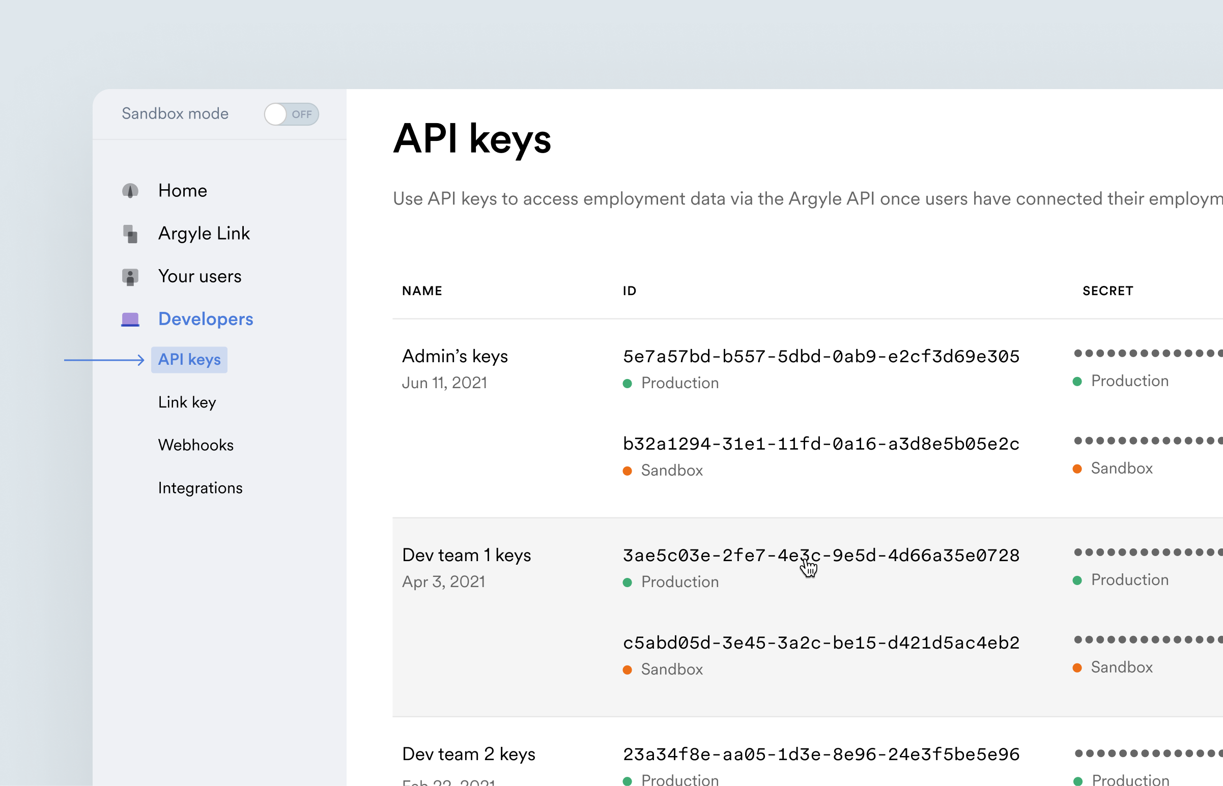 The API keys section in the Developer's area of Argyle Console.