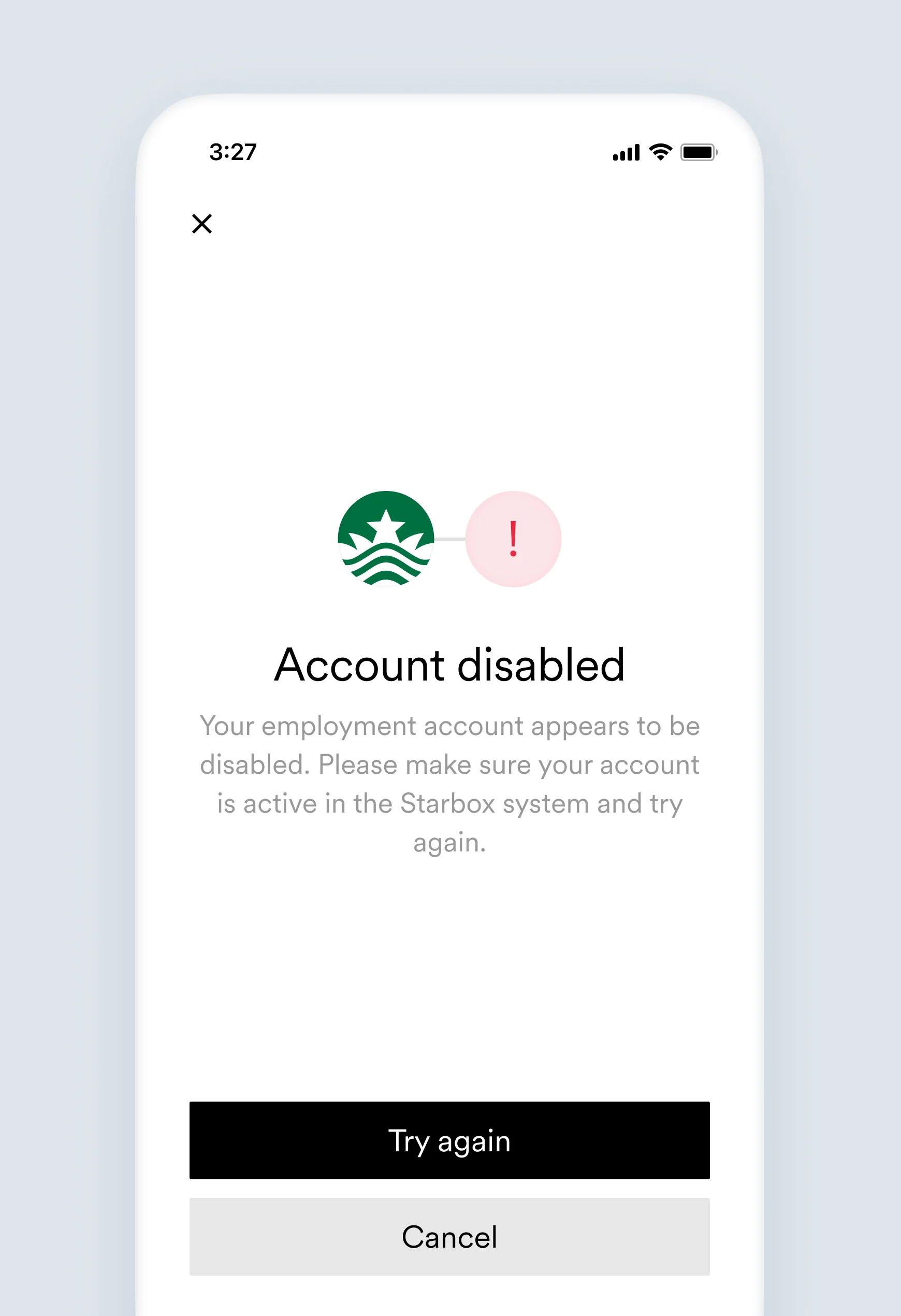 The account_disabled account connection error screen.