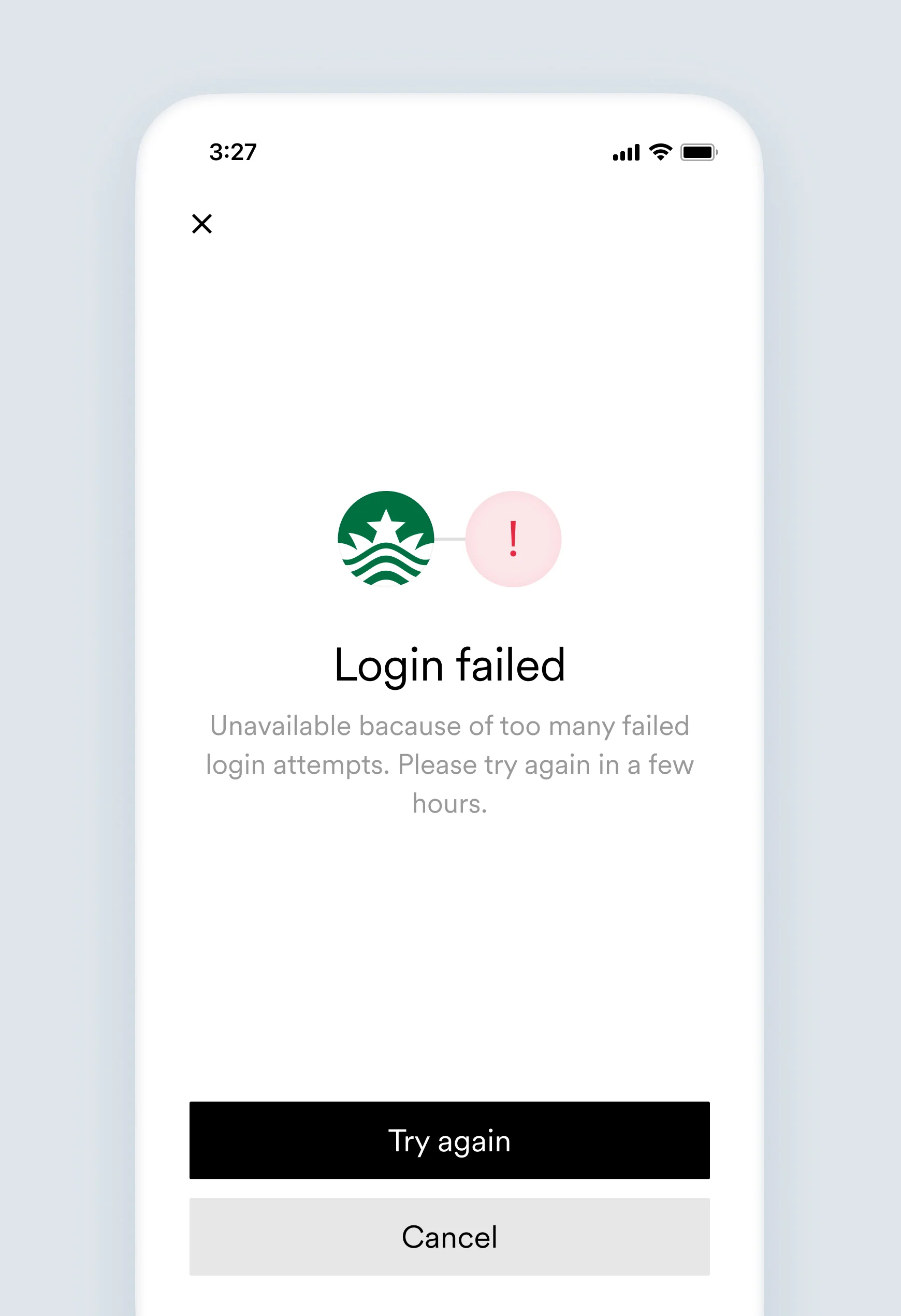 The login_attempts_exceeded account connection error screen.