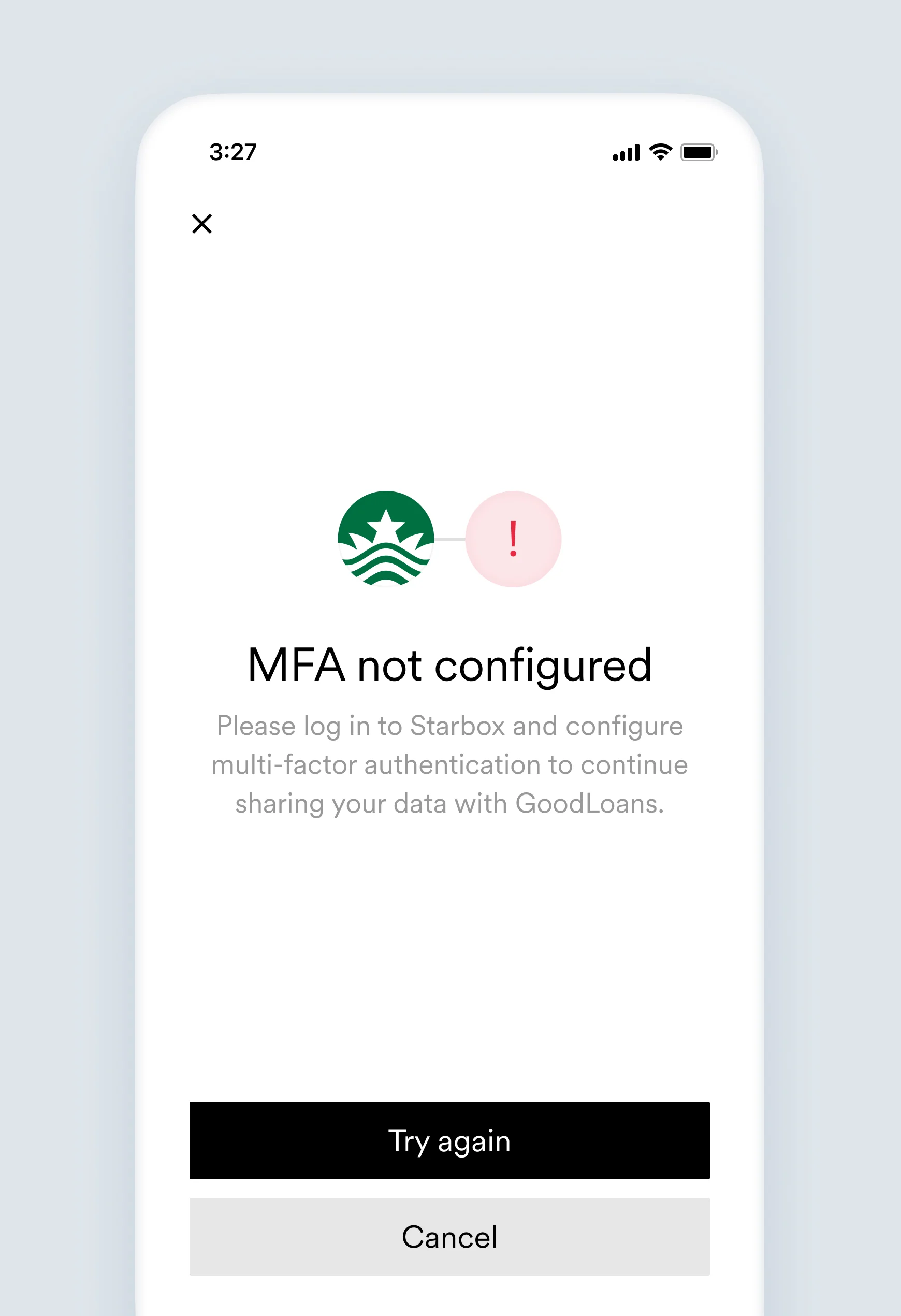 The mfa_not_configured account connection error screen.