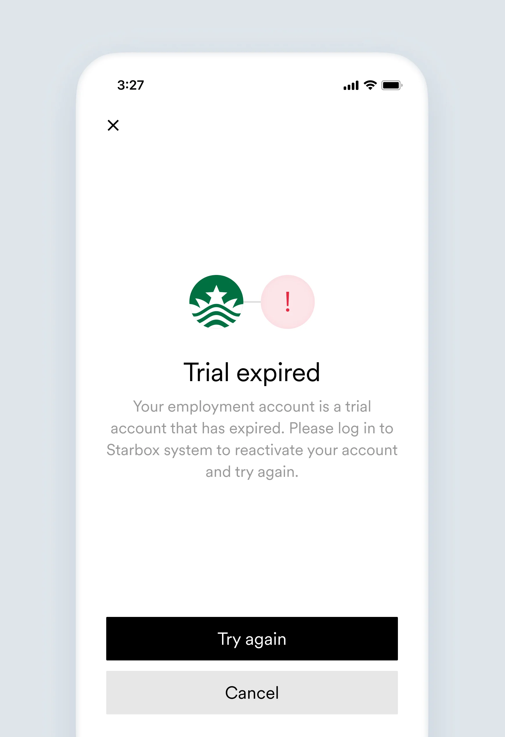 The trial_period_expired account connection error screen.