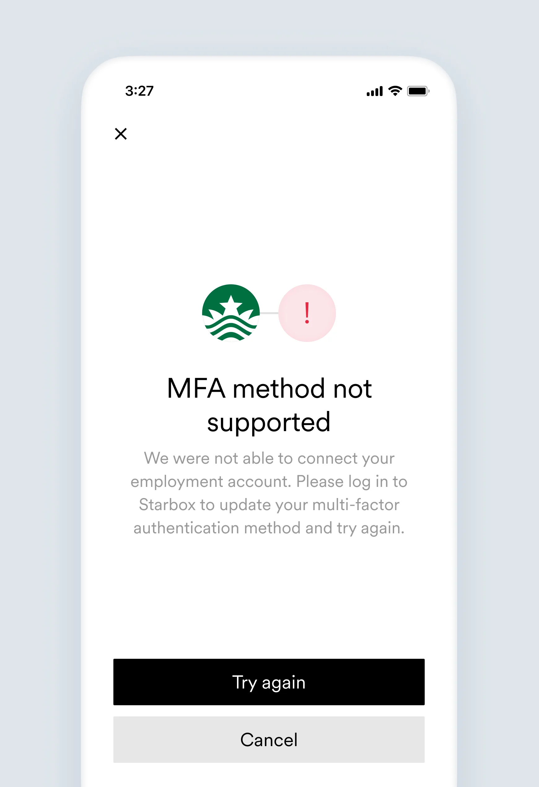 The unsupported_mfa_method account connection error screen.