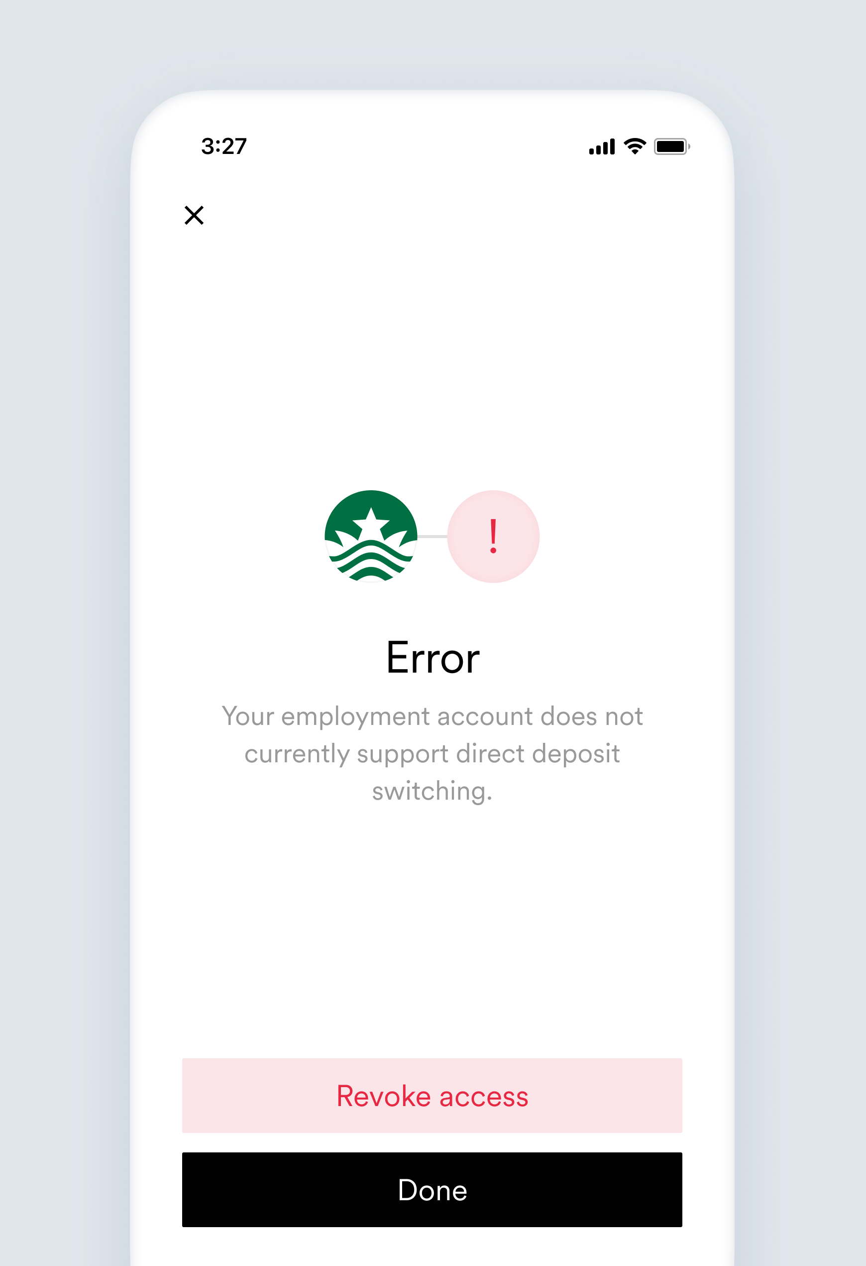 The not_supported direct deposit switching error screen.